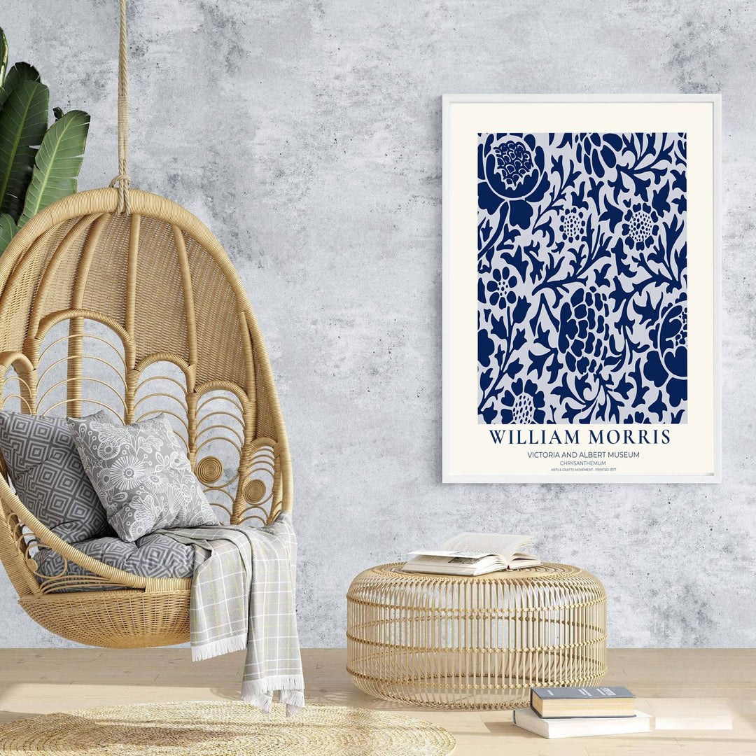 Authentic Arts and Crafts Chrysanthemum design print by William Morris, bringing organic energy, refined English heritage art, and crisp navy blue contrast into cozy home living spaces.