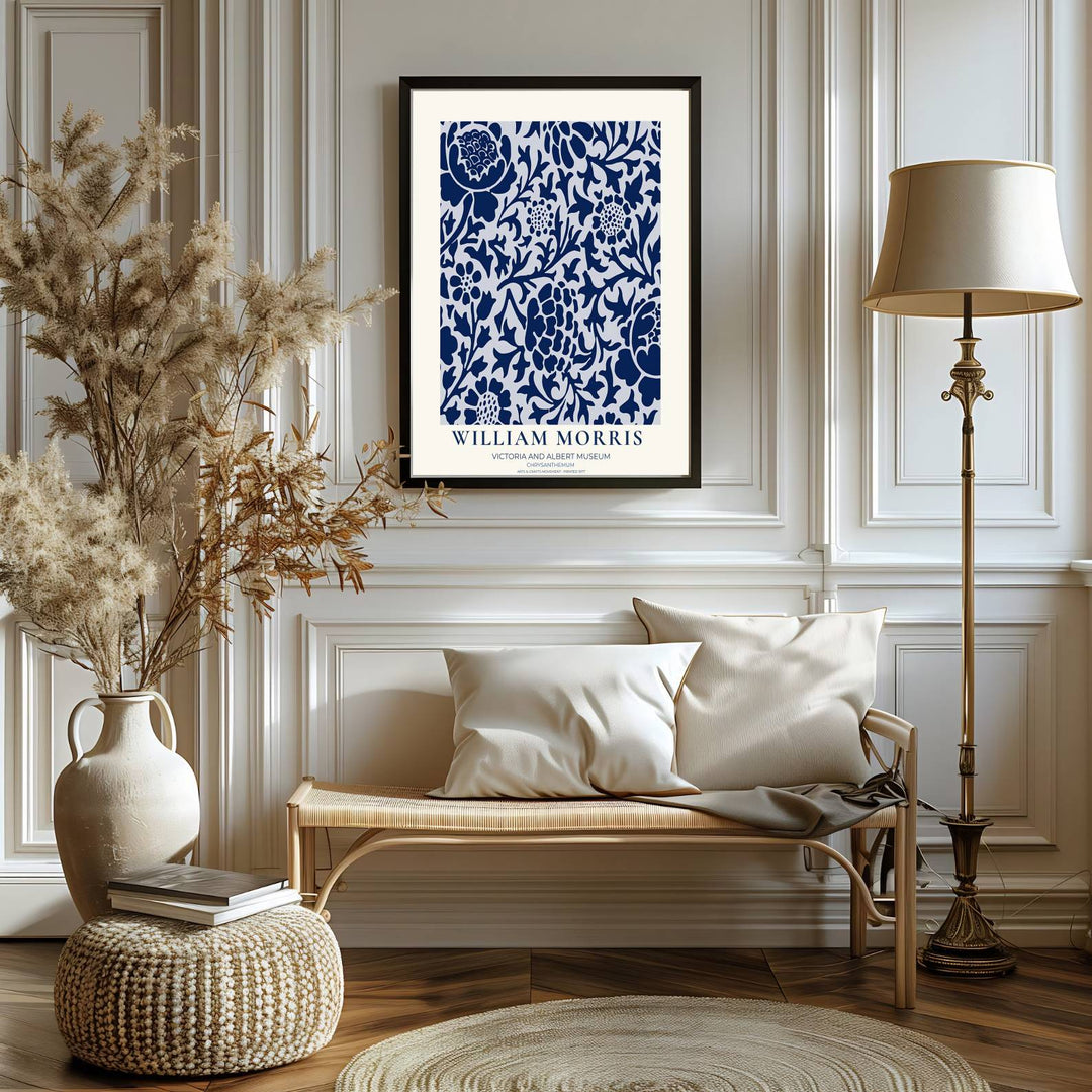 Fine graphic print featuring the detailed textile art of William Morris titled Chrysanthemum, serving as a sophisticated centerpiece for Victorian, coastal, or blue-and-white room decor themes.