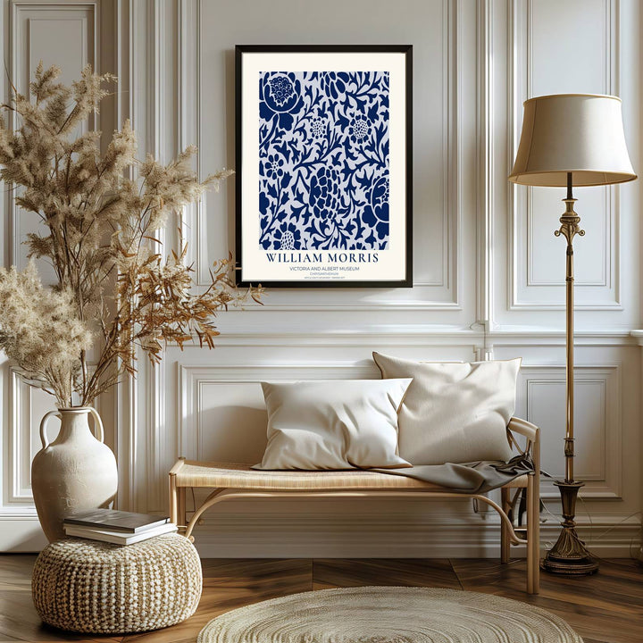 Fine graphic print featuring the detailed textile art of William Morris titled Chrysanthemum, serving as a sophisticated centerpiece for Victorian, coastal, or blue-and-white room decor themes.