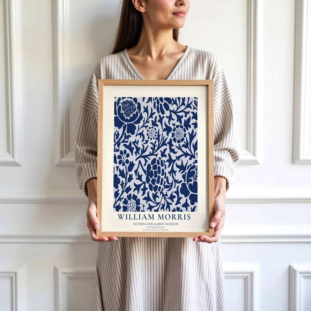 Archival visual print featuring William Morris Chrysanthemum foliage patterns, offering clean museum text borders and sweeping flower movement suitable for home library, hallway, or study accent walls.
