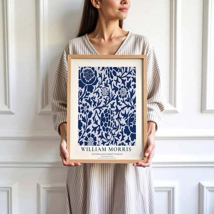 Archival visual print featuring William Morris Chrysanthemum foliage patterns, offering clean museum text borders and sweeping flower movement suitable for home library, hallway, or study accent walls.