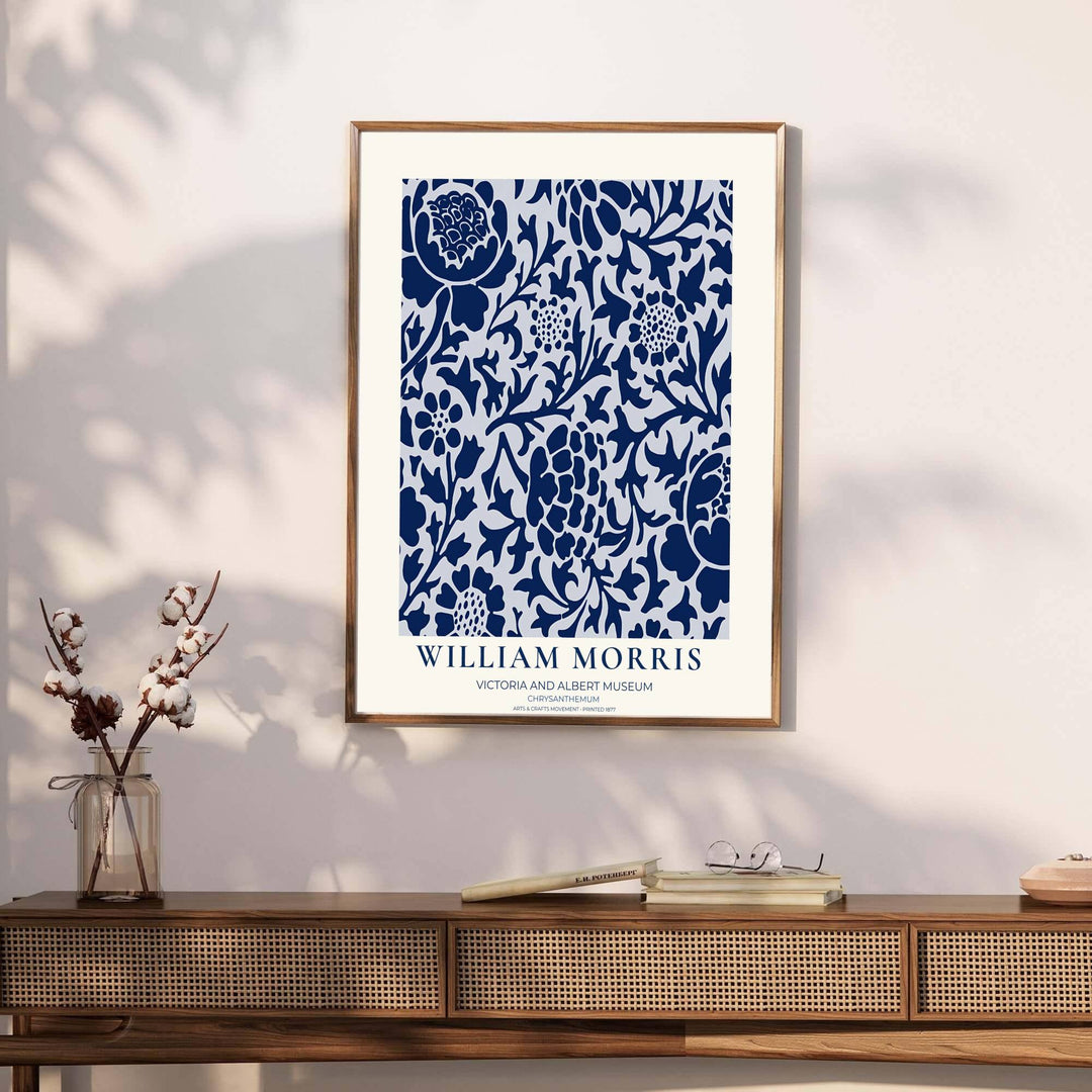 Timeless William Morris Chrysanthemum floral artwork print, blending vintage English pattern design with high definition detailing for striking wall decoration across modern residential spaces.