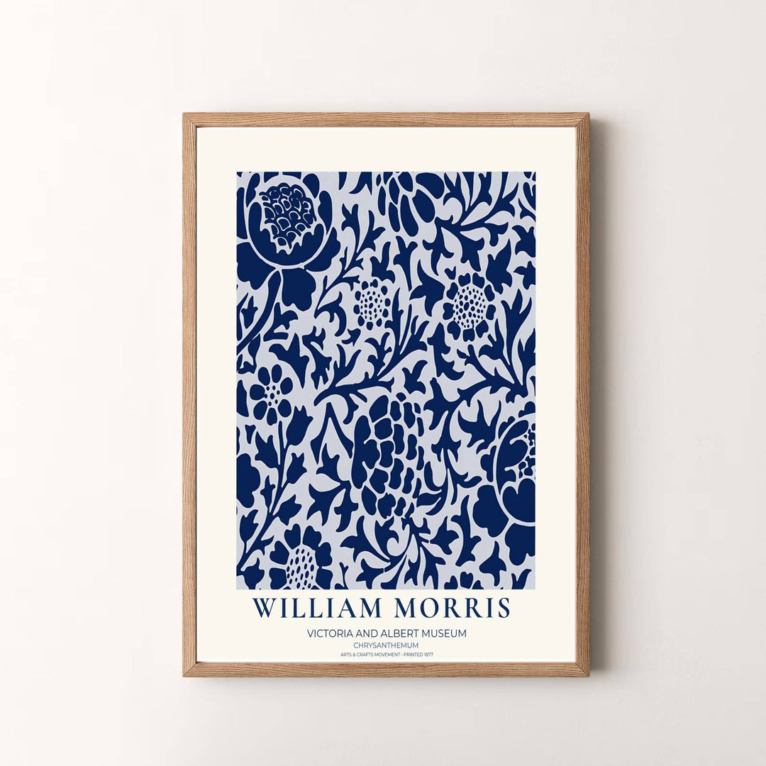 Museum quality visual print of William Morris Chrysanthemum displaying historical floral tapestry graphics and navy blue botanical motifs, ideal for traditional home collections and art displays.