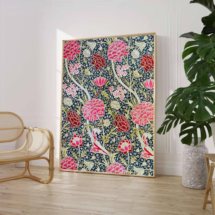 Detailed artwork print rendition of the iconic William Morris Cray poster, highlighting deep indigo, magenta, crimson red, and cream tones ideal for bedroom focal points.