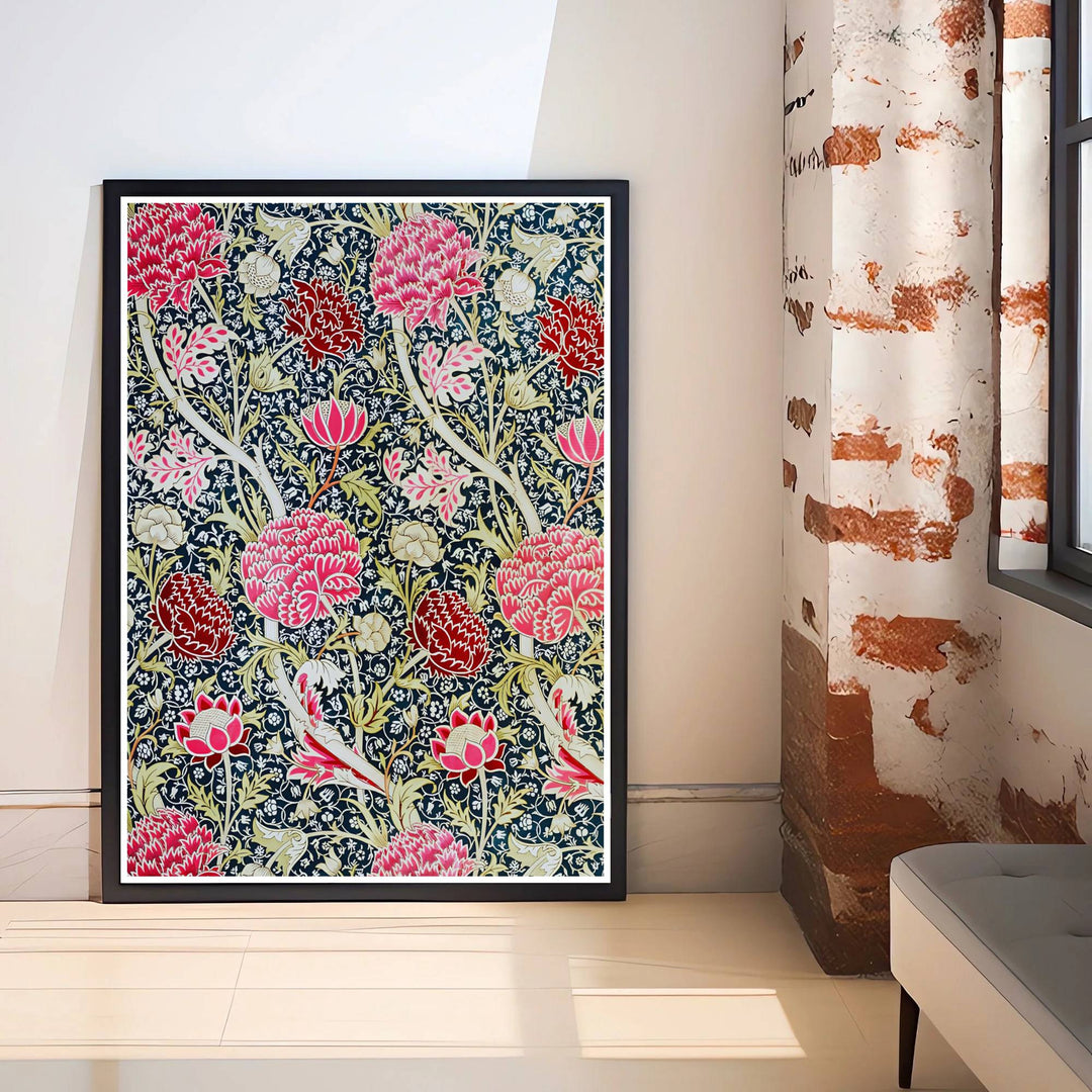 Decorative wall art print of William Morris Cray pink and indigo poster set against a subtle border, bringing timeless vintage British botanical elegance into home interior spaces.