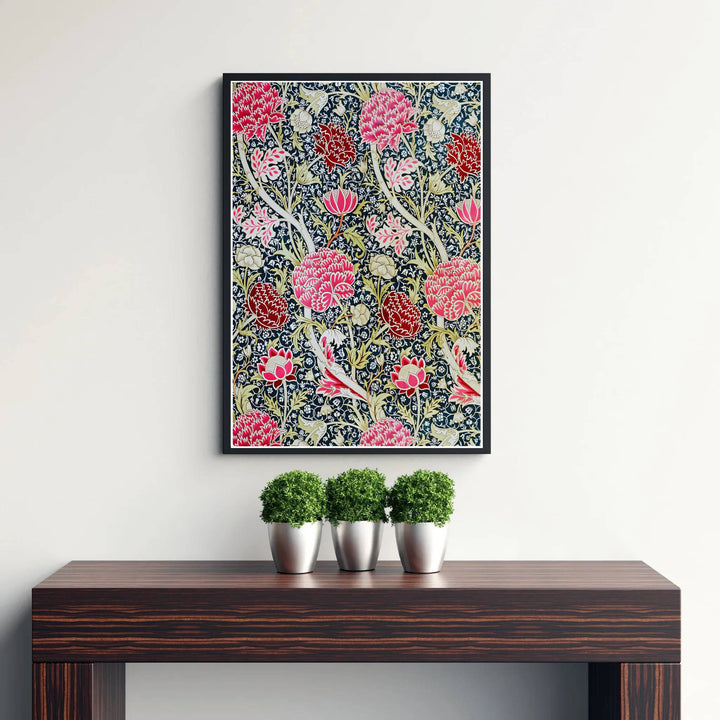Fine art print showcasing the intricate flower and vine detailing of William Morris Cray, offering a rich jewel-toned aesthetic with dark blue background for living room decor.