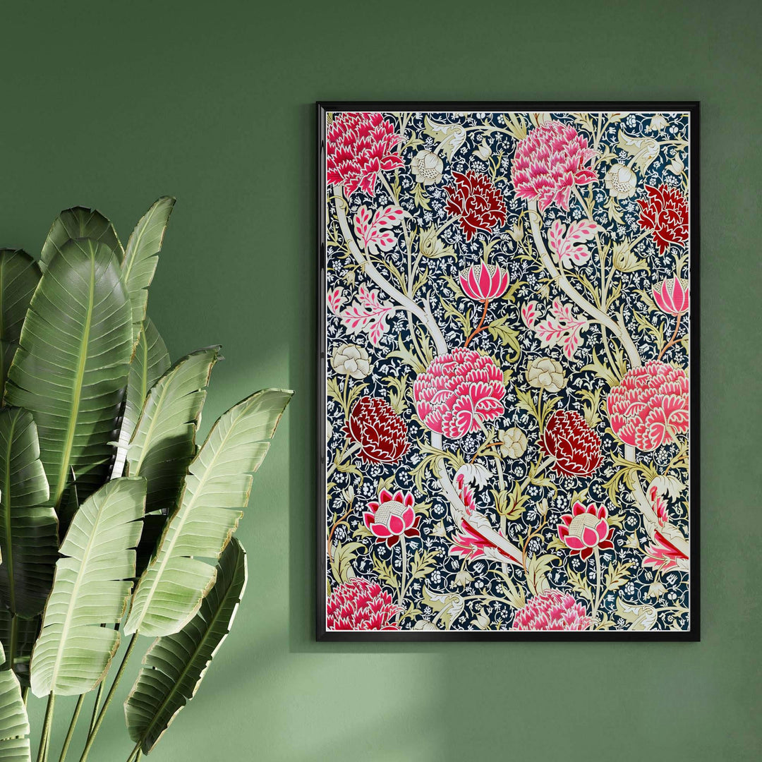 Modern decorative floral print of William Morris Cray featuring detailed blooming flowers and bold diagonal leaf patterns, ideal for contemporary wall decoration and dramatic living areas.