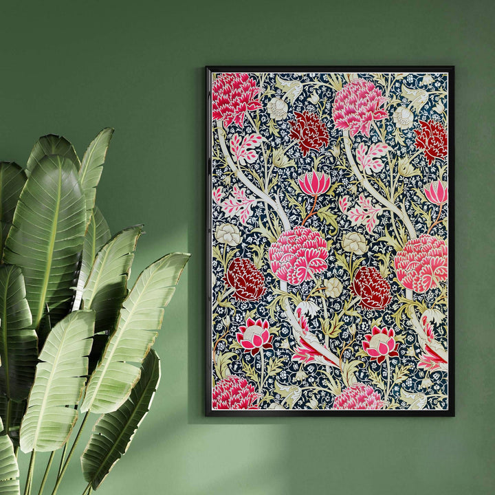 Modern decorative floral print of William Morris Cray featuring detailed blooming flowers and bold diagonal leaf patterns, ideal for contemporary wall decoration and dramatic living areas.