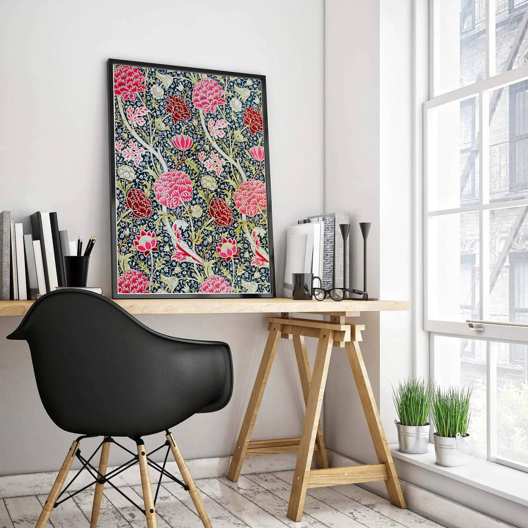 Historic artwork print of William Morris Cray, capturing stylized peony-like blossoms, crimson highlights, and dark indigo foliage backgrounds suited for bedroom, library, and office wall spaces.