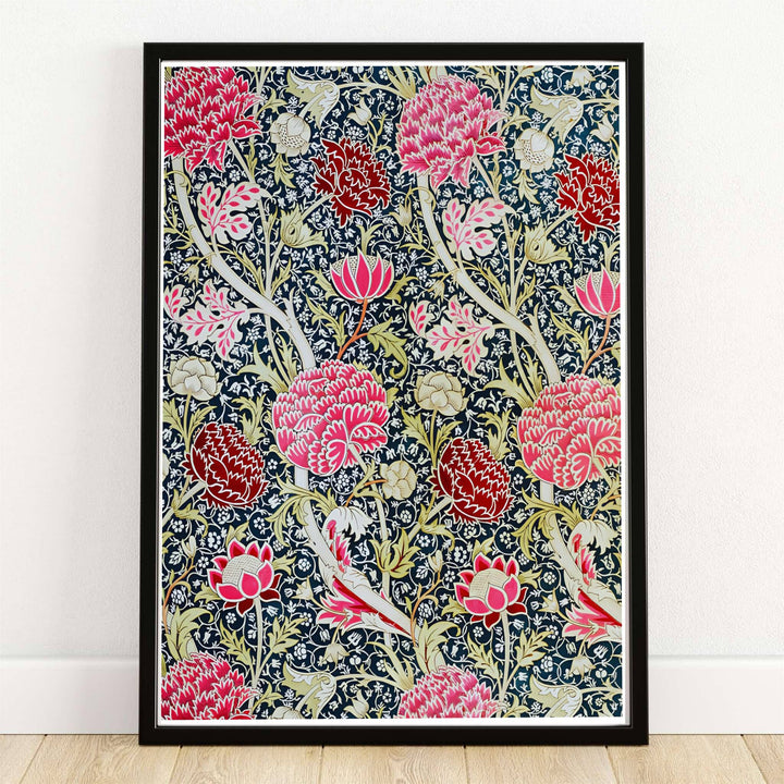 High quality William Morris Cray pink floral indigo print displaying sweeping diagonal vines and crimson blooms perfect for rich living room wall decor.