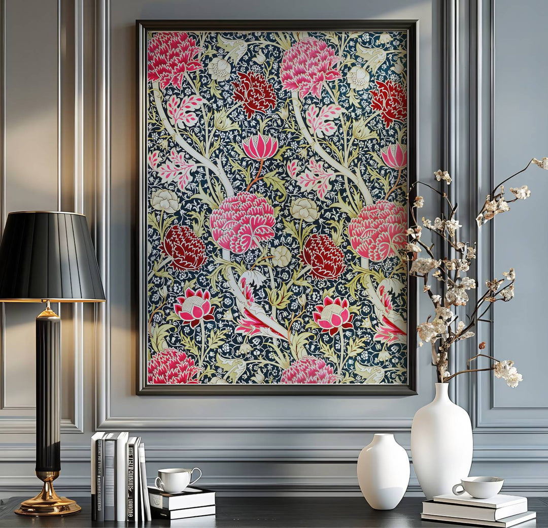 Sophisticated William Morris Cray floral poster print, designed to coordinate with jewel-toned home accents, indigo blue colors, and rich botanical wall art gallery layout compositions.