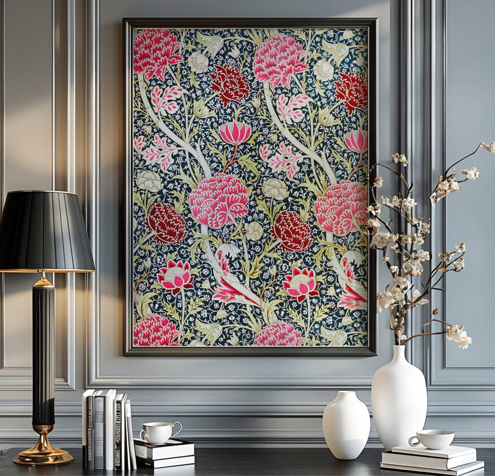 Sophisticated William Morris Cray floral poster print, designed to coordinate with jewel-toned home accents, indigo blue colors, and rich botanical wall art gallery layout compositions.