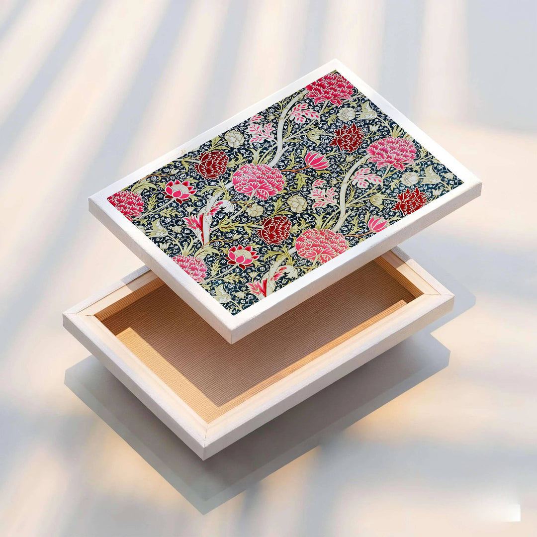 Detailed botanical illustration print displaying the swirling foliage movement and blooming magenta blossoms of William Morris, perfect for striking wall arrangements and modern gallery collections.