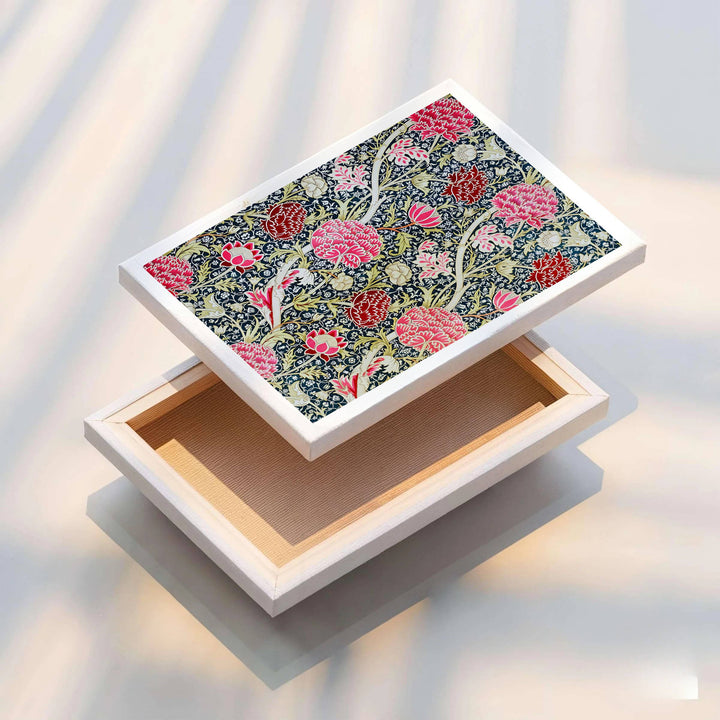 Detailed botanical illustration print displaying the swirling foliage movement and blooming magenta blossoms of William Morris, perfect for striking wall arrangements and modern gallery collections.