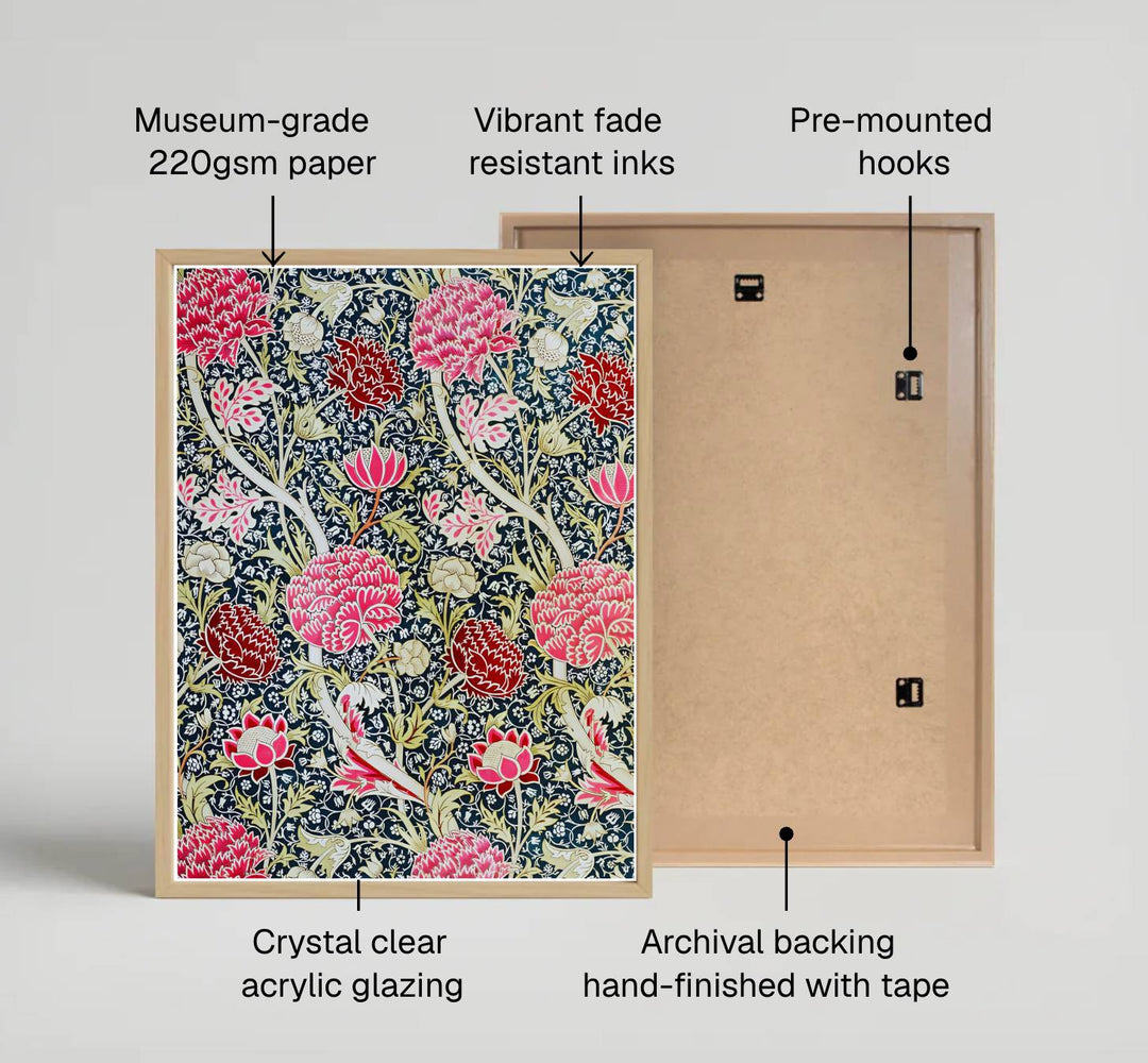 Timeless William Morris Cray botanical art print, combining fluid vintage movement with historic exhibition layout elements to suit versatile living room and dining room interior decorating themes.