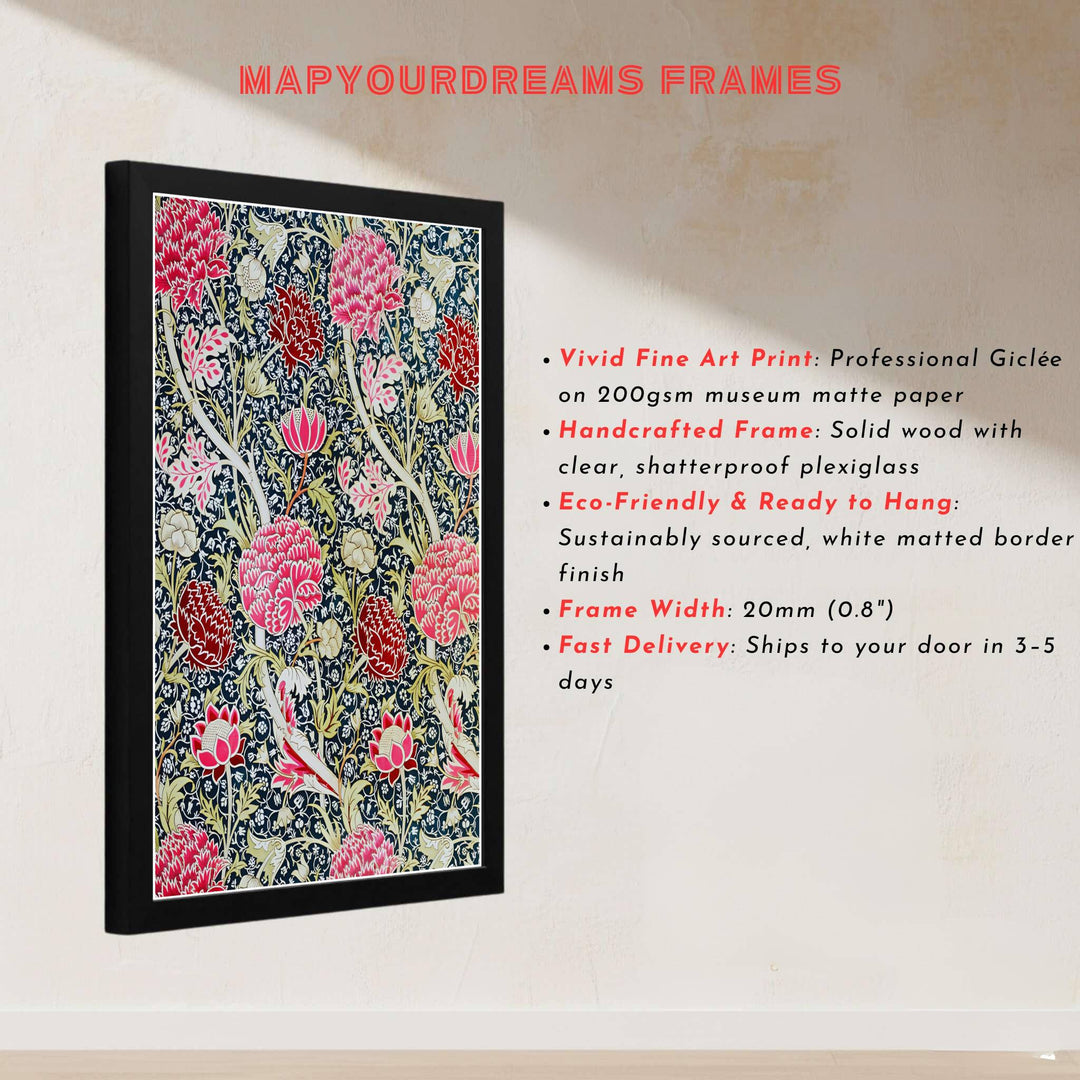 High definition graphic print of the renowned Cray design by William Morris, showcasing lush foliage details and vibrant pink and indigo tones for lasting aesthetic appeal in residential spaces.