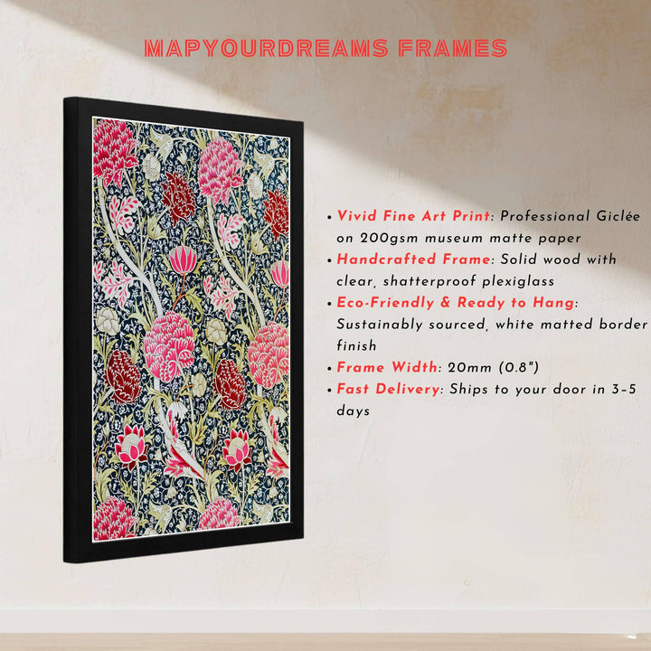 High definition graphic print of the renowned Cray design by William Morris, showcasing lush foliage details and vibrant pink and indigo tones for lasting aesthetic appeal in residential spaces.