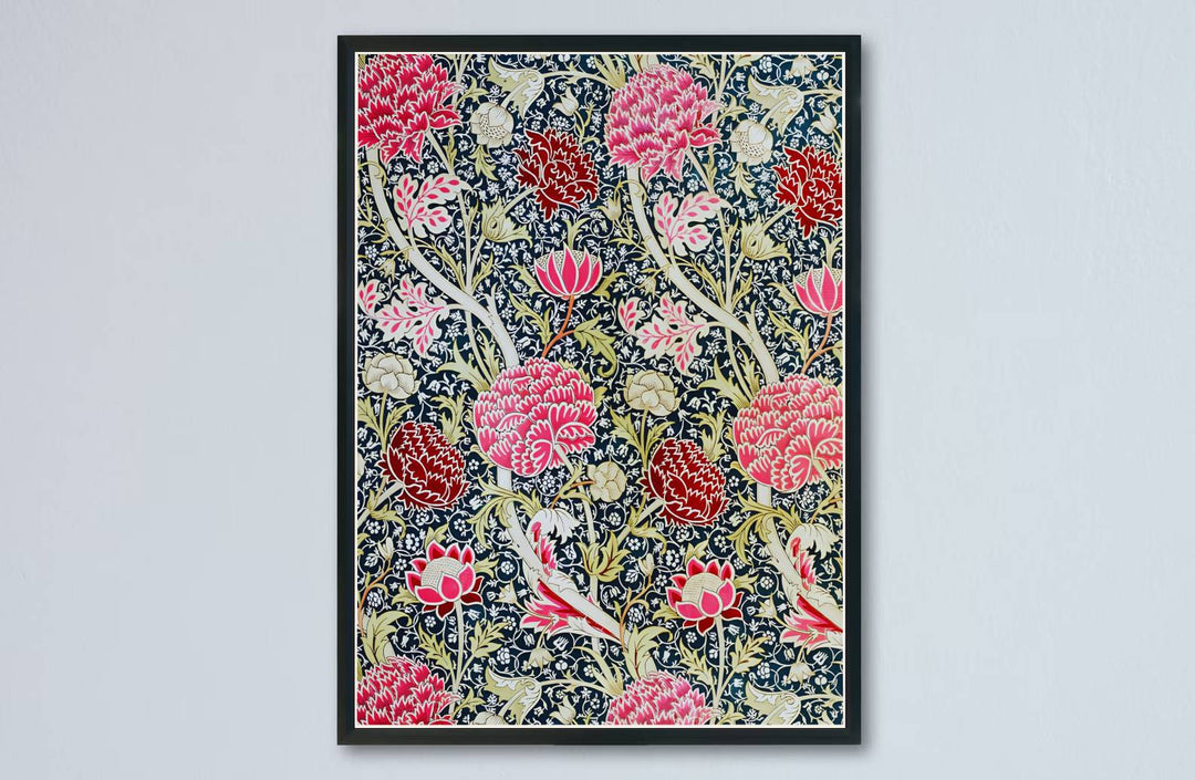 Historic poster print of the famous William Morris Cray design, showing fine museum exhibition styling and full botanical artistry across the main sheet for decorative wall display.