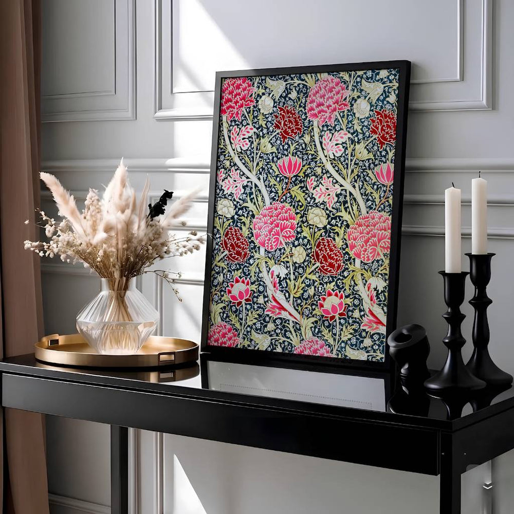 Elegant William Morris floral print capturing an 1884 vintage exhibition design with dark indigo background and magenta pink flowers to enhance home interior design.