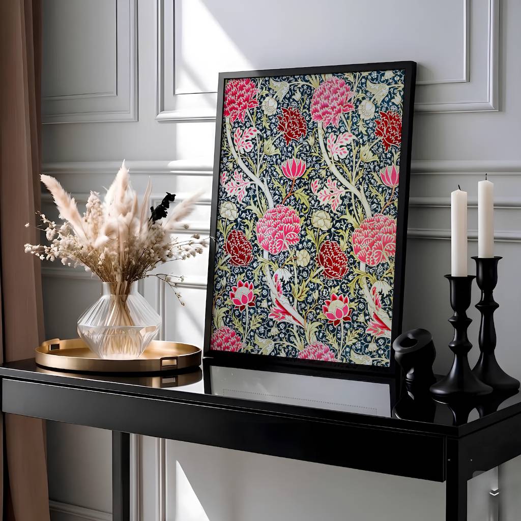 Elegant William Morris floral print capturing an 1884 vintage exhibition design with dark indigo background and magenta pink flowers to enhance home interior design.