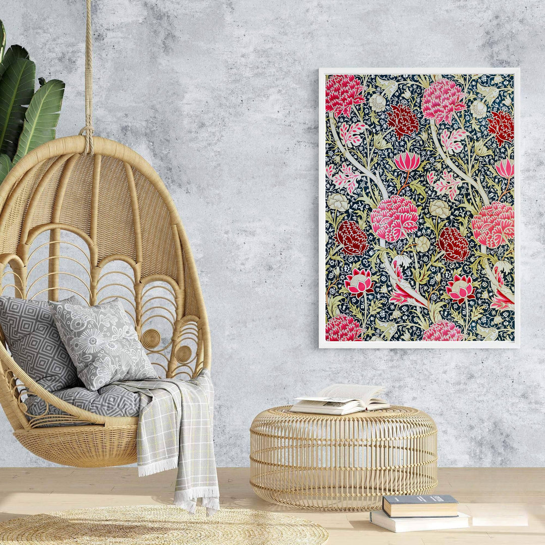 Decorative artwork print of William Morris Cray featuring dense leaf background fills, pink floral highlights, and a clean border suitable for luxury interior styling and wall displays.