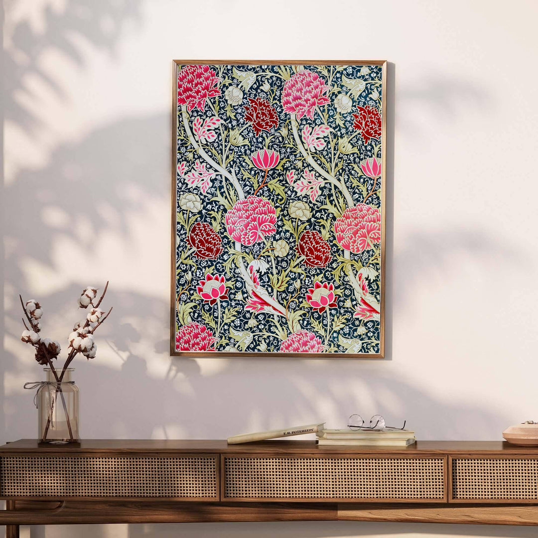 Fine graphic print featuring the detailed textile art of William Morris titled Cray, serving as a sophisticated centerpiece for Victorian, cottagecore, or jewel-toned room decor themes.