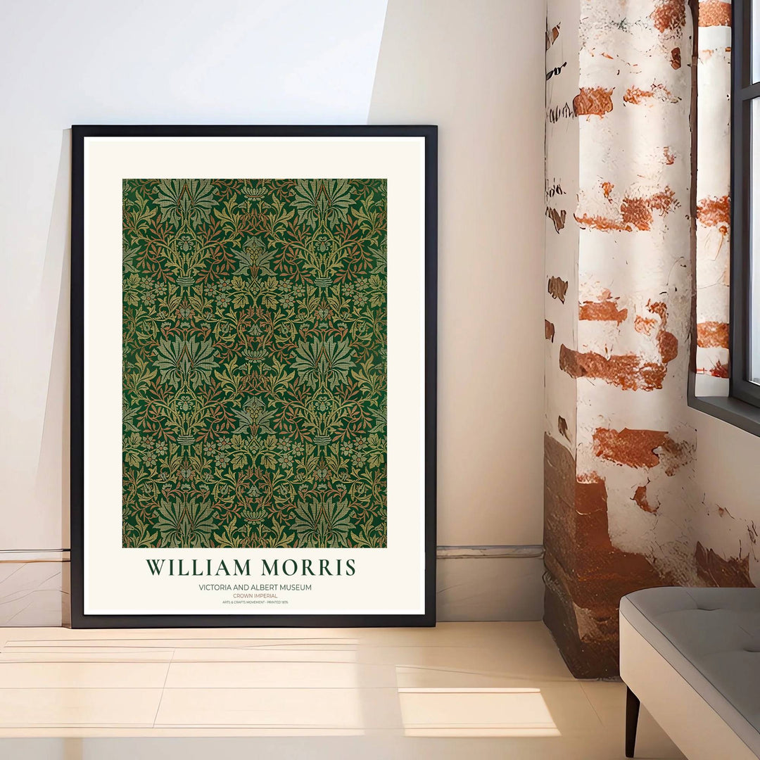Fine art print showcasing the intricate leaf and floral detailing of William Morris Crown Imperial, offering a rich aesthetic with deep green background for living room decor.