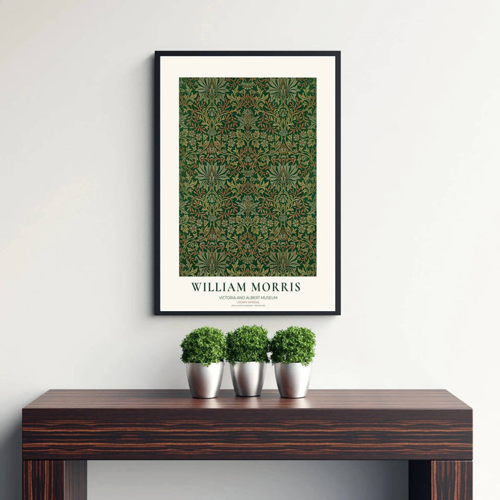 Modern decorative floral print of William Morris Crown Imperial featuring detailed crown flowers and dense dark green leaf patterns, ideal for contemporary wall decoration and dramatic living areas.