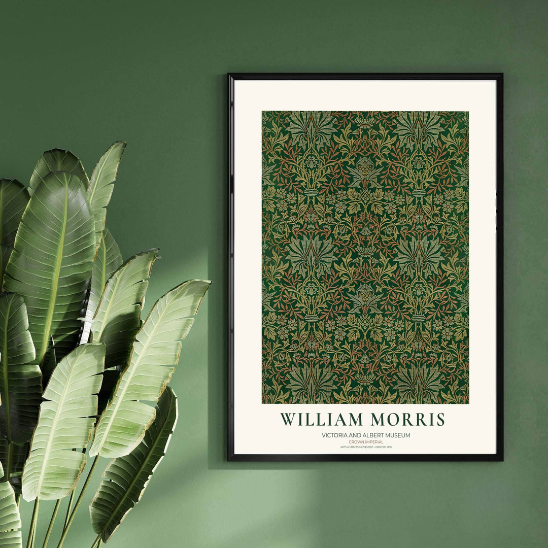 Classic William Morris Crown Imperial dark green print, adding a charming vintage flair and rich botanical detail to warm living room arrangements, entryways, and traditional interior spaces.