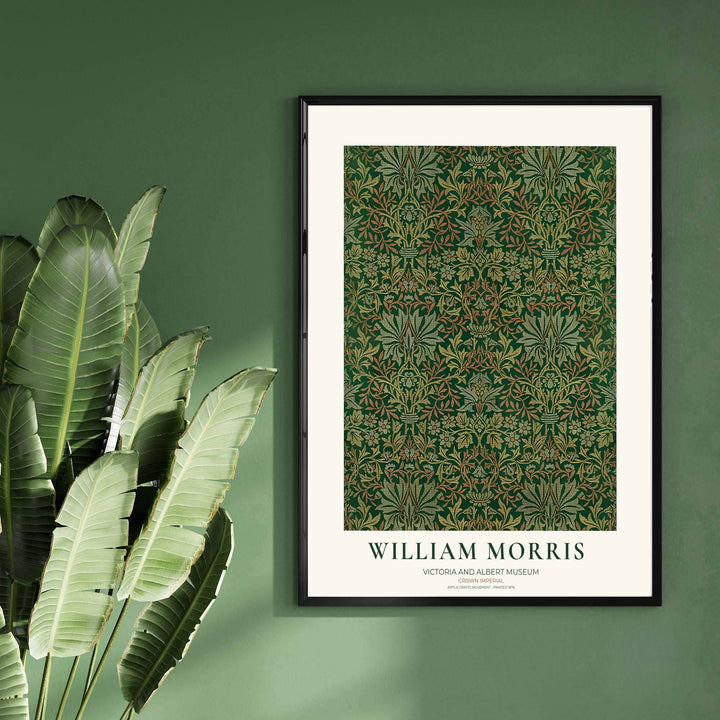 Classic William Morris Crown Imperial dark green print, adding a charming vintage flair and rich botanical detail to warm living room arrangements, entryways, and traditional interior spaces.