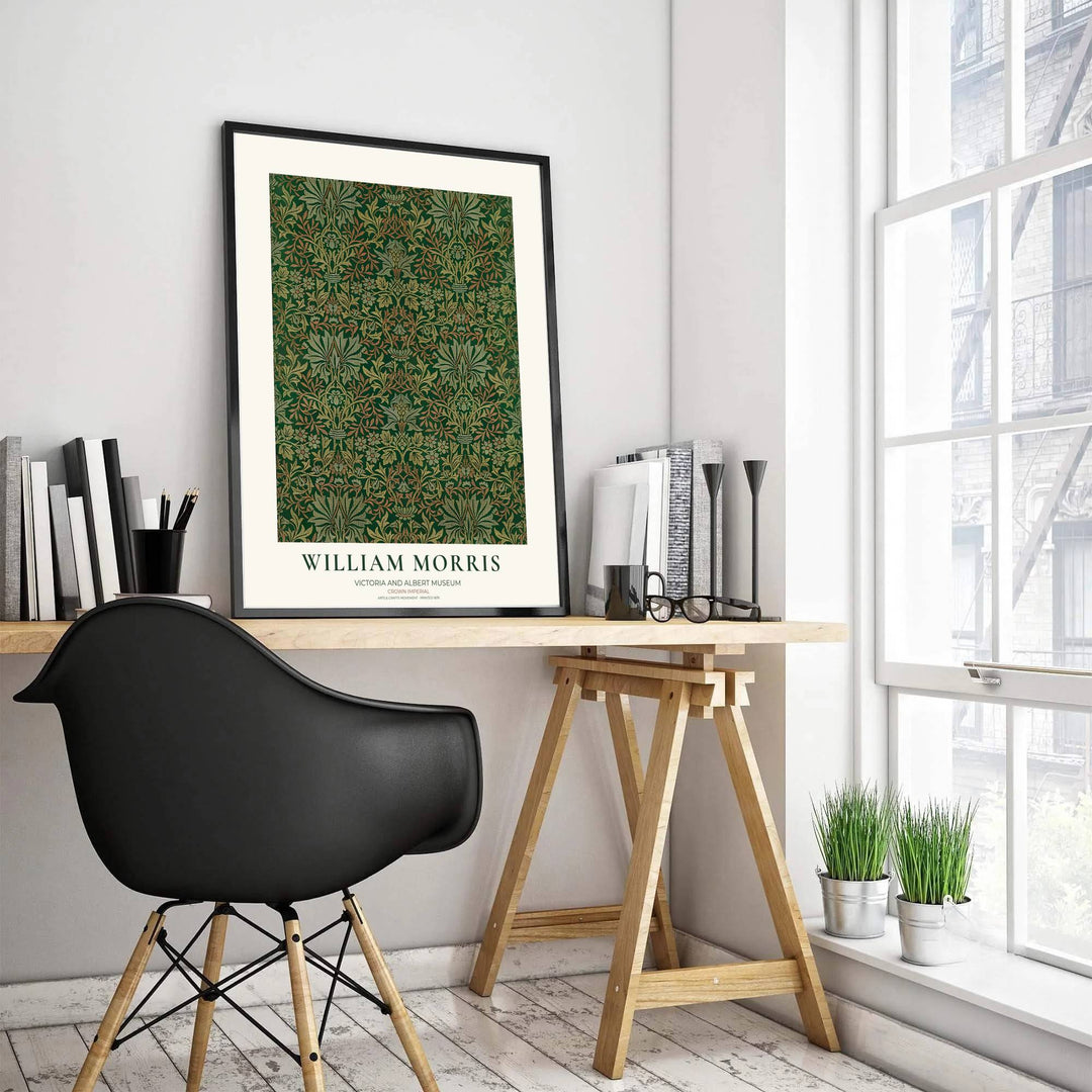 Detailed botanical illustration print displaying the dense foliage movement, crown flower tendrils, and rust accents of William Morris, perfect for dramatic wall arrangements.