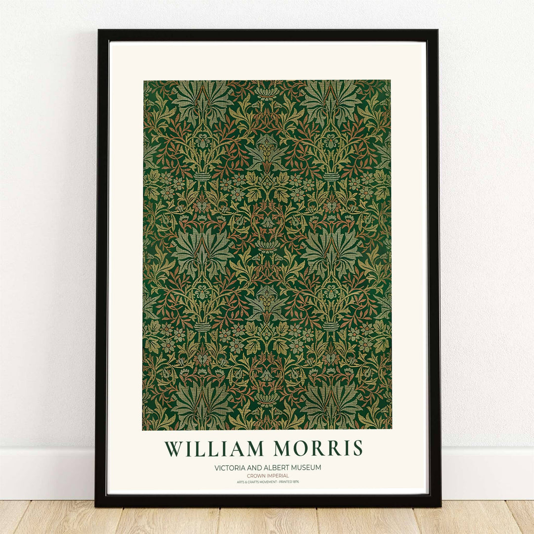 High quality William Morris Crown Imperial dark green botanical print displaying stately flower heads and fan-like foliage perfect for dark academia living room wall decor.