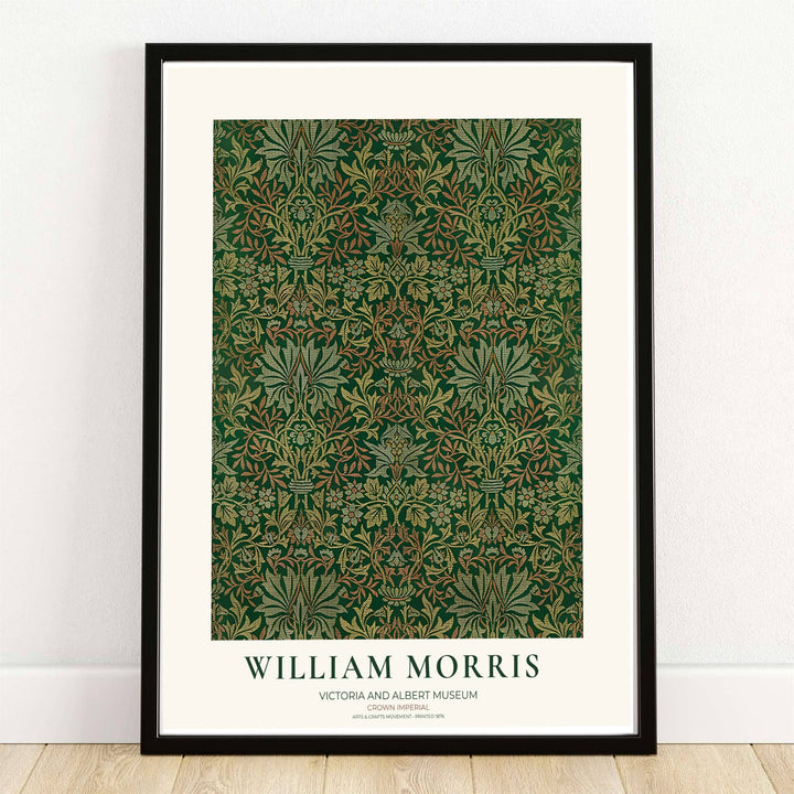 High quality William Morris Crown Imperial dark green botanical print displaying stately flower heads and fan-like foliage perfect for dark academia living room wall decor.