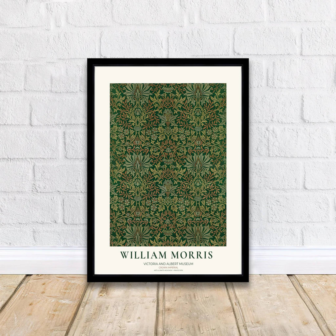 Detailed botanical artwork print displaying the famed Crown Imperial pattern by William Morris, expertly rendered to highlight historic textile elements and artistic craftsmanship for stylish home decor.