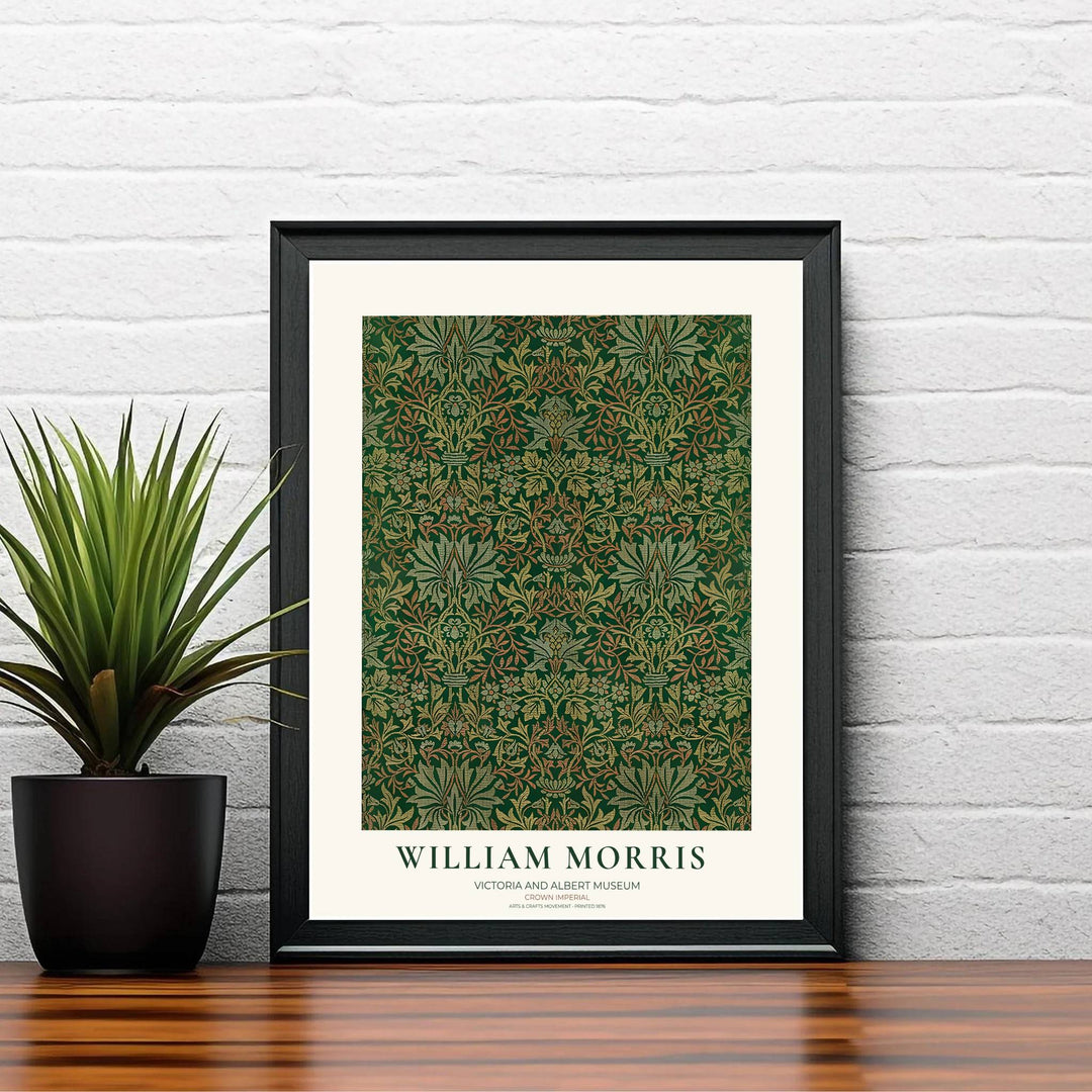 Sophisticated William Morris Crown Imperial floral poster print, designed to coordinate with dark walls, forest green tones, and moody botanical wall art gallery layout compositions.