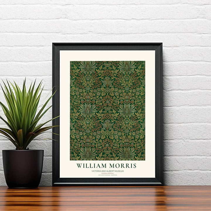 Sophisticated William Morris Crown Imperial floral poster print, designed to coordinate with dark walls, forest green tones, and moody botanical wall art gallery layout compositions.