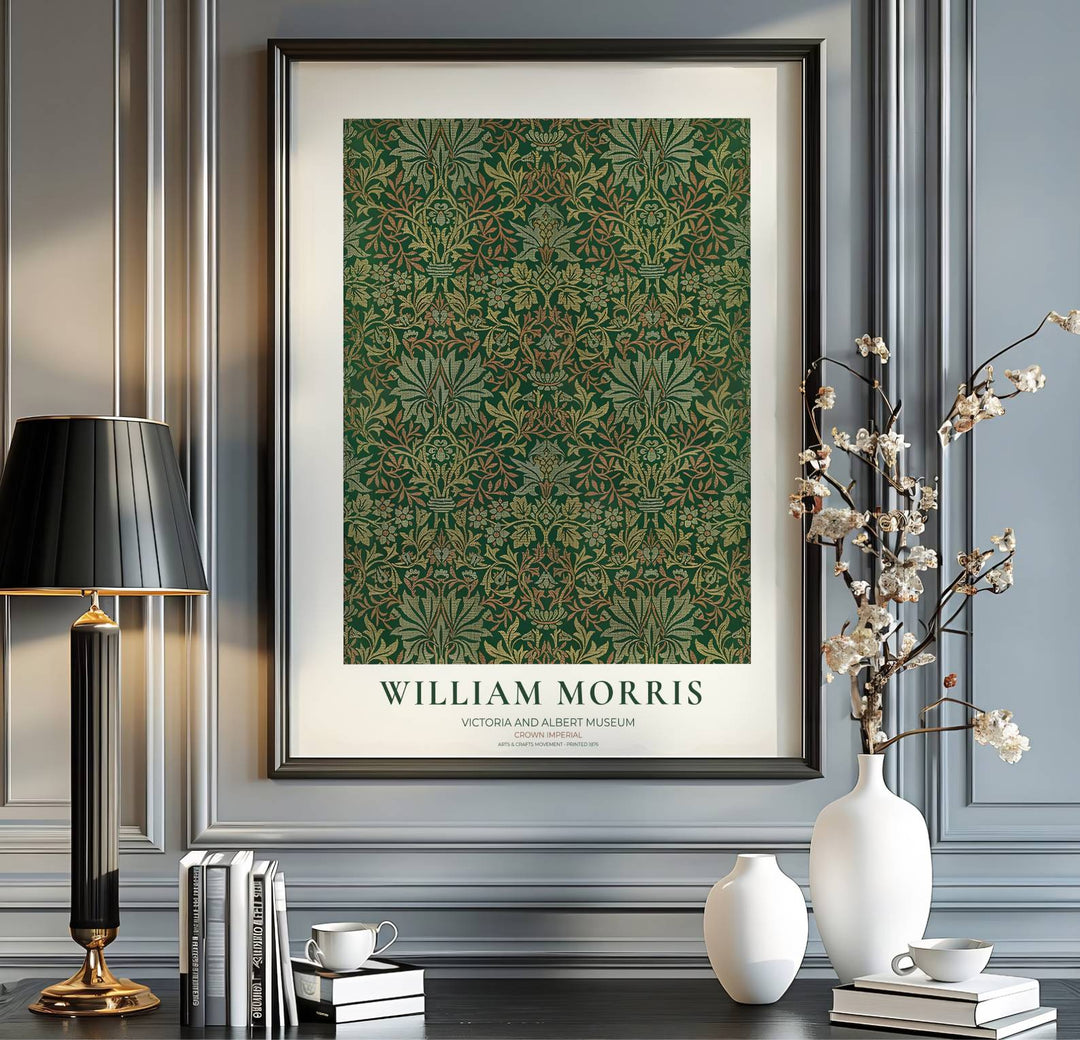Vintage floral artwork print of William Morris Crown Imperial, providing a rich, moody touch to classic European, Victorian, and cottagecore home interior themes with organic pattern graphics.