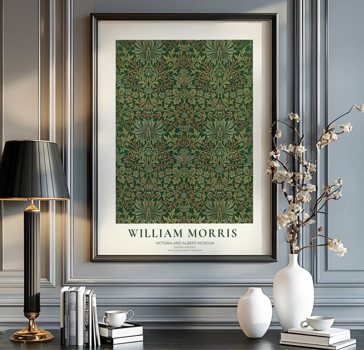 Vintage floral artwork print of William Morris Crown Imperial, providing a rich, moody touch to classic European, Victorian, and cottagecore home interior themes with organic pattern graphics.