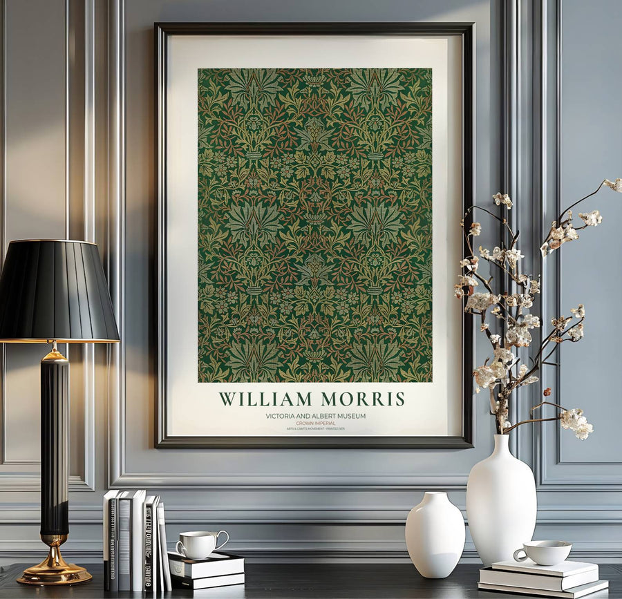 Vintage floral artwork print of William Morris Crown Imperial, providing a rich, moody touch to classic European, Victorian, and cottagecore home interior themes with organic pattern graphics.