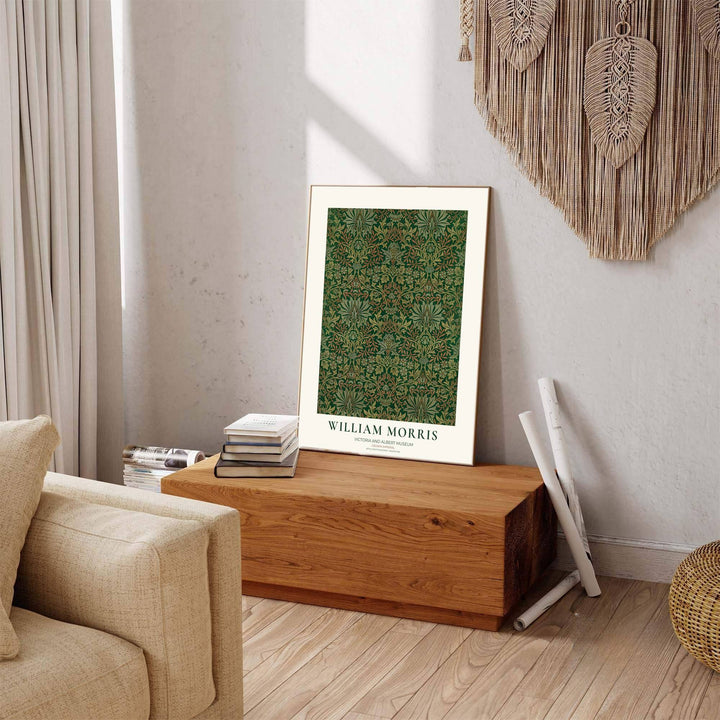High definition graphic print of the renowned Crown Imperial design by William Morris, showcasing lush foliage details and deep forest green tones for lasting aesthetic appeal in residential spaces.