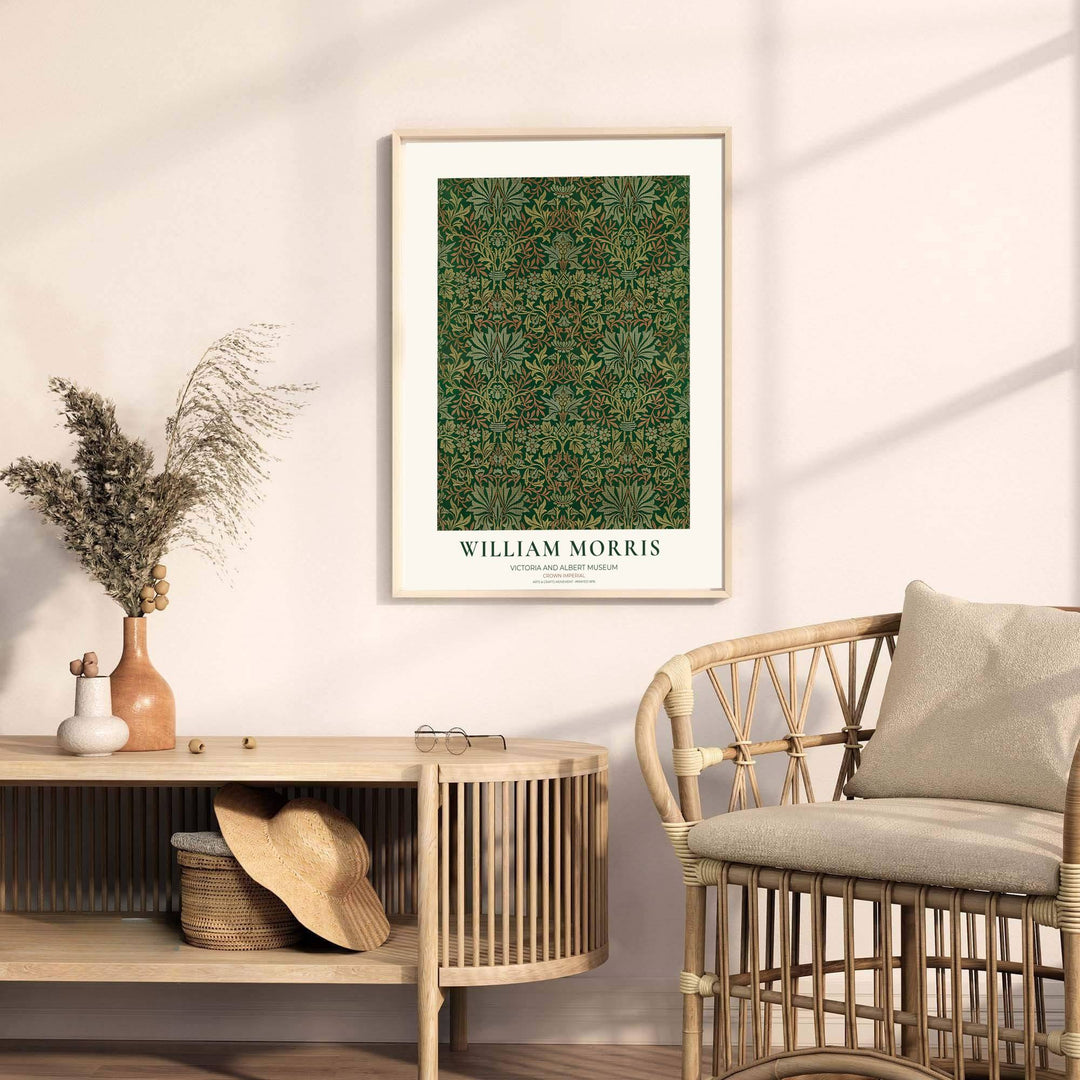 Timeless William Morris Crown Imperial botanical art print, combining fluid vintage movement with historic exhibition typography elements to suit versatile living room and dining room interior decorating themes.