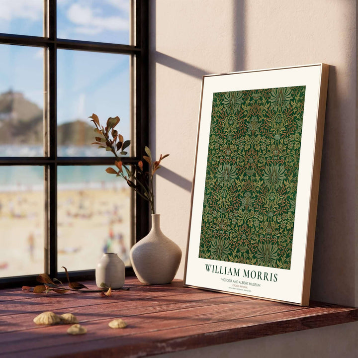 Detailed artwork print rendition of the iconic William Morris Crown Imperial poster, highlighting rich forest green, sage, and terracotta rust tones ideal for bedroom focal points.