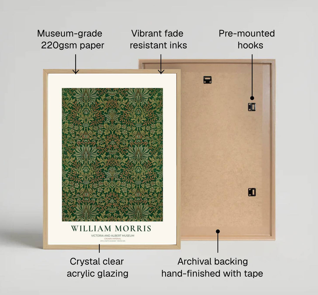 High quality art print showing William Morris Crown Imperial vintage botanical artwork, meticulously produced to ensure long lasting color stability and stunning visual appeal in modern home interiors.