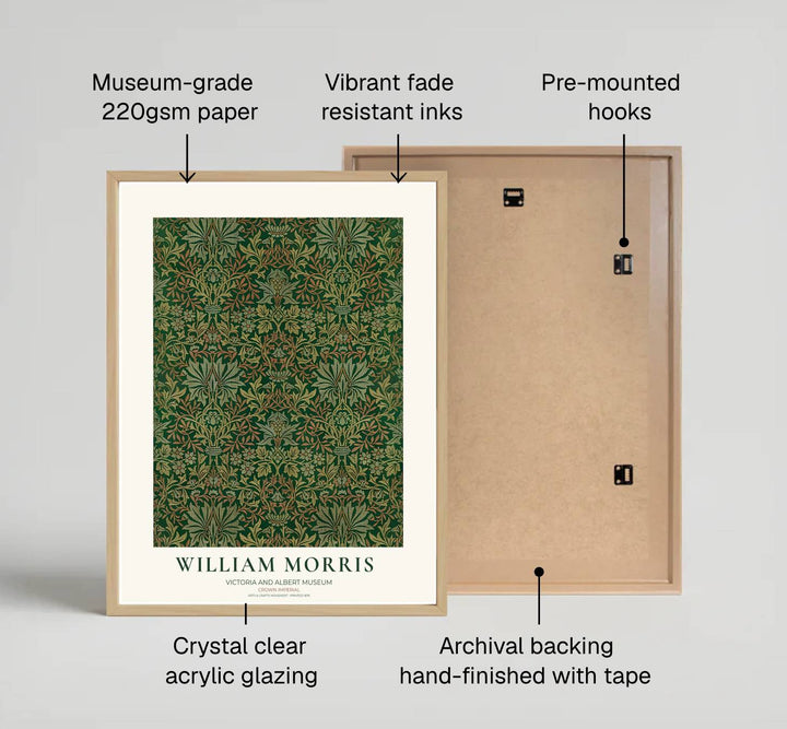 High quality art print showing William Morris Crown Imperial vintage botanical artwork, meticulously produced to ensure long lasting color stability and stunning visual appeal in modern home interiors.