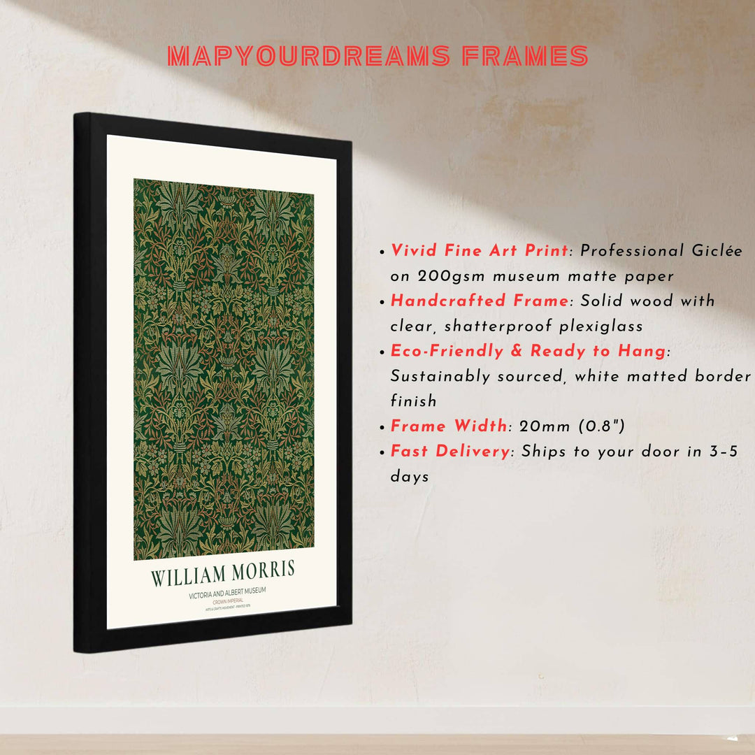 Decorative artwork print of William Morris Crown Imperial featuring dense leaf background fills, subtle terracotta highlights, and a clean cream border suitable for luxury interior styling and wall displays.