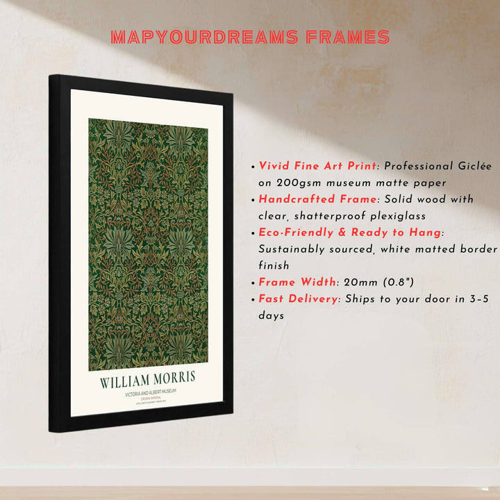 Decorative artwork print of William Morris Crown Imperial featuring dense leaf background fills, subtle terracotta highlights, and a clean cream border suitable for luxury interior styling and wall displays.