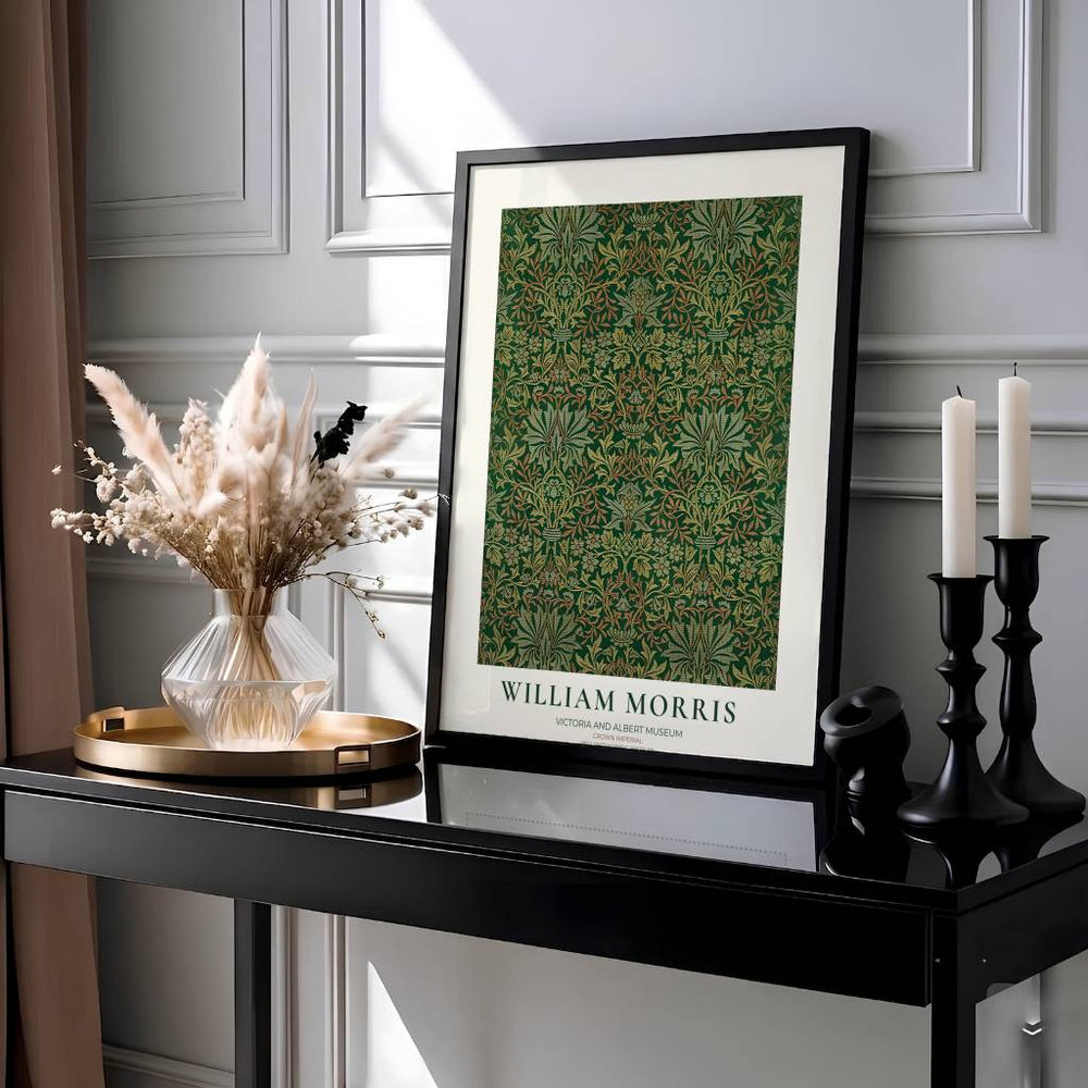 Elegant William Morris floral print capturing an 1876 vintage exhibition design with dark forest green background and crown imperial motifs to enhance home interior design.