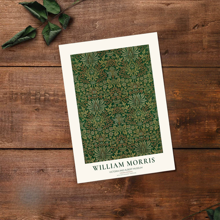 Authentic Arts and Crafts Crown Imperial design print by William Morris, bringing organic energy, refined English heritage art, and rich dark green contrast into cozy home living spaces.
