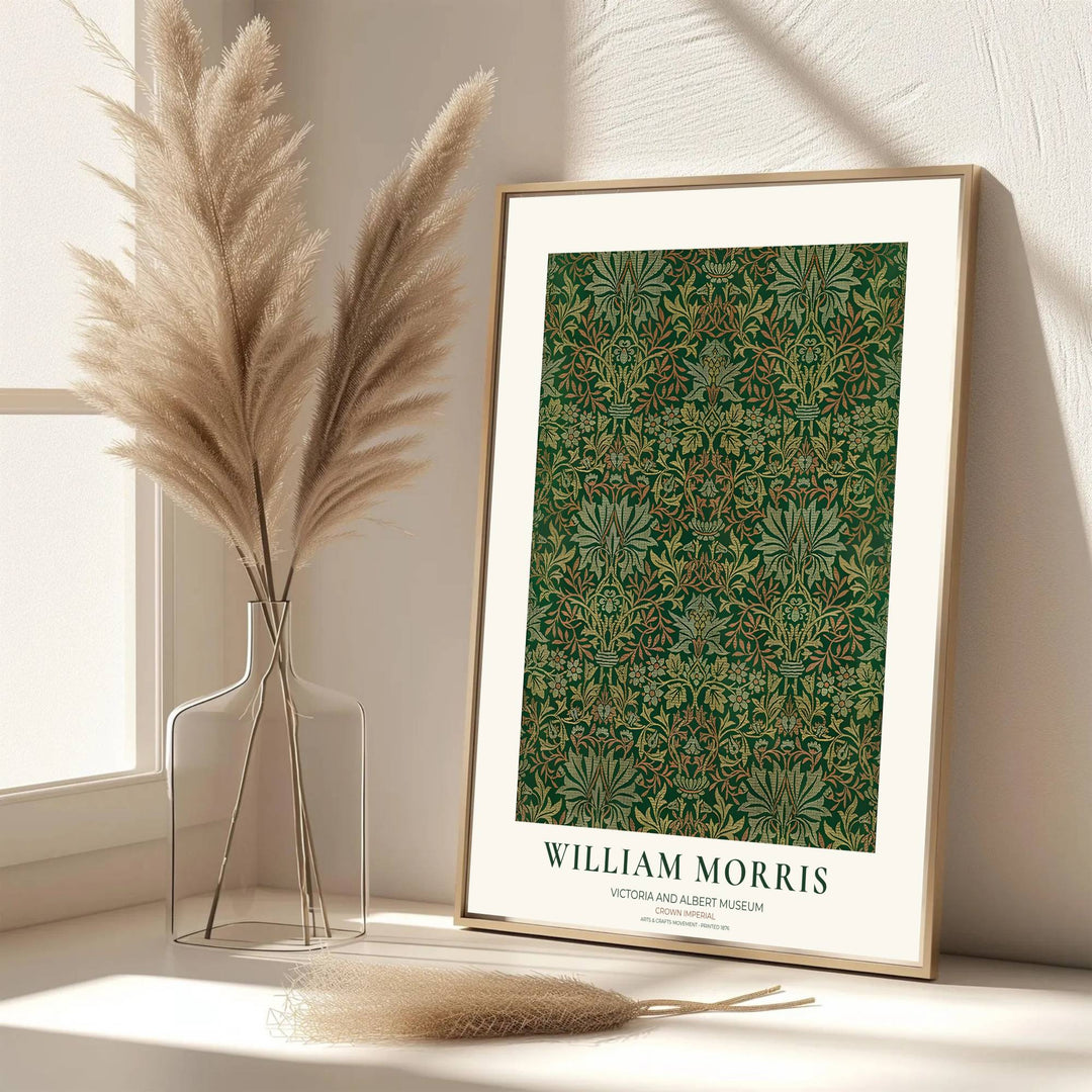 Fine graphic print featuring the detailed textile art of William Morris titled Crown Imperial, serving as a sophisticated centerpiece for Victorian, dark academia, or moody room decor themes.