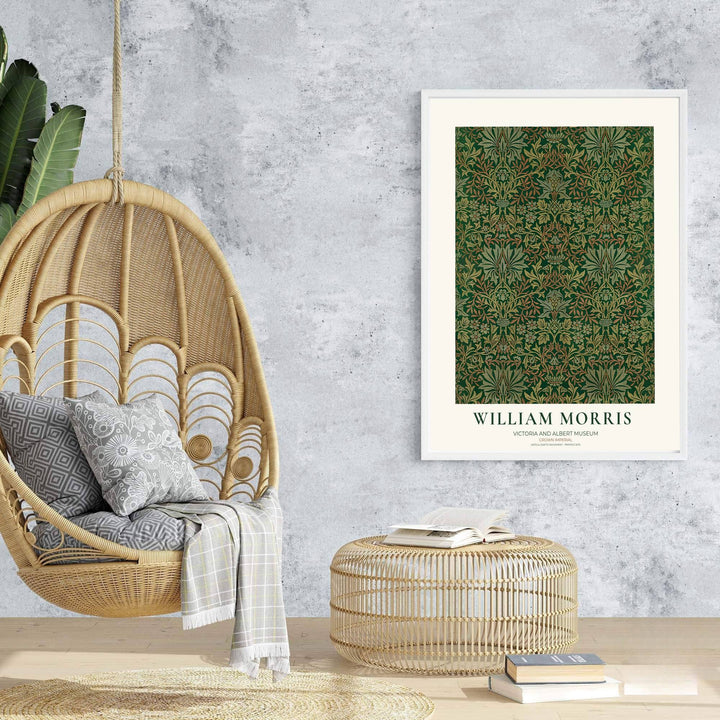 Archival visual print featuring William Morris Crown Imperial foliage patterns, offering clean museum text borders and stately flower figures suitable for home library, hallway, or study accent walls.